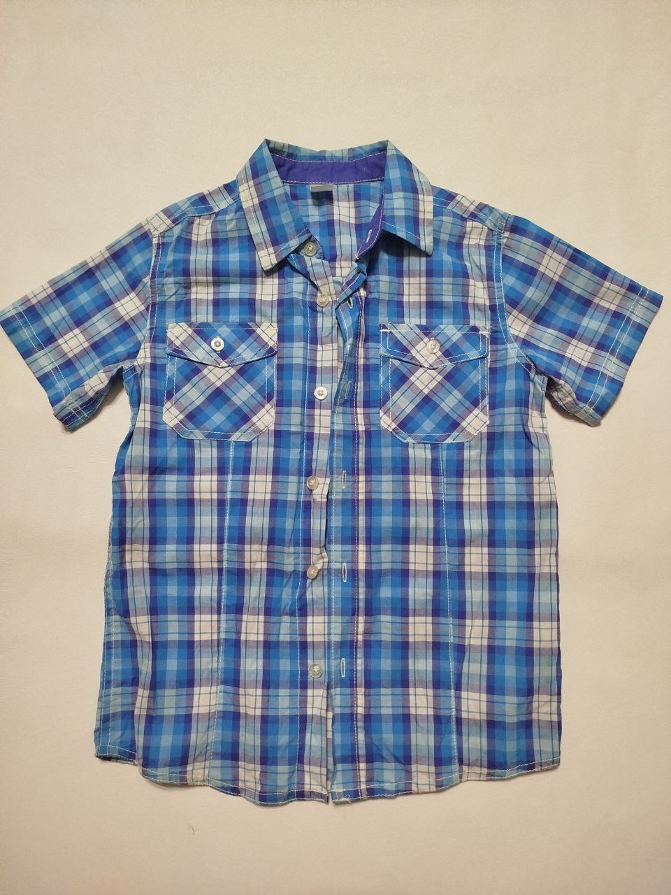 👕 Рубашка GeeJay для мальчика 7-8 лет (128 см), бело-голубая клетка — 300 ₽